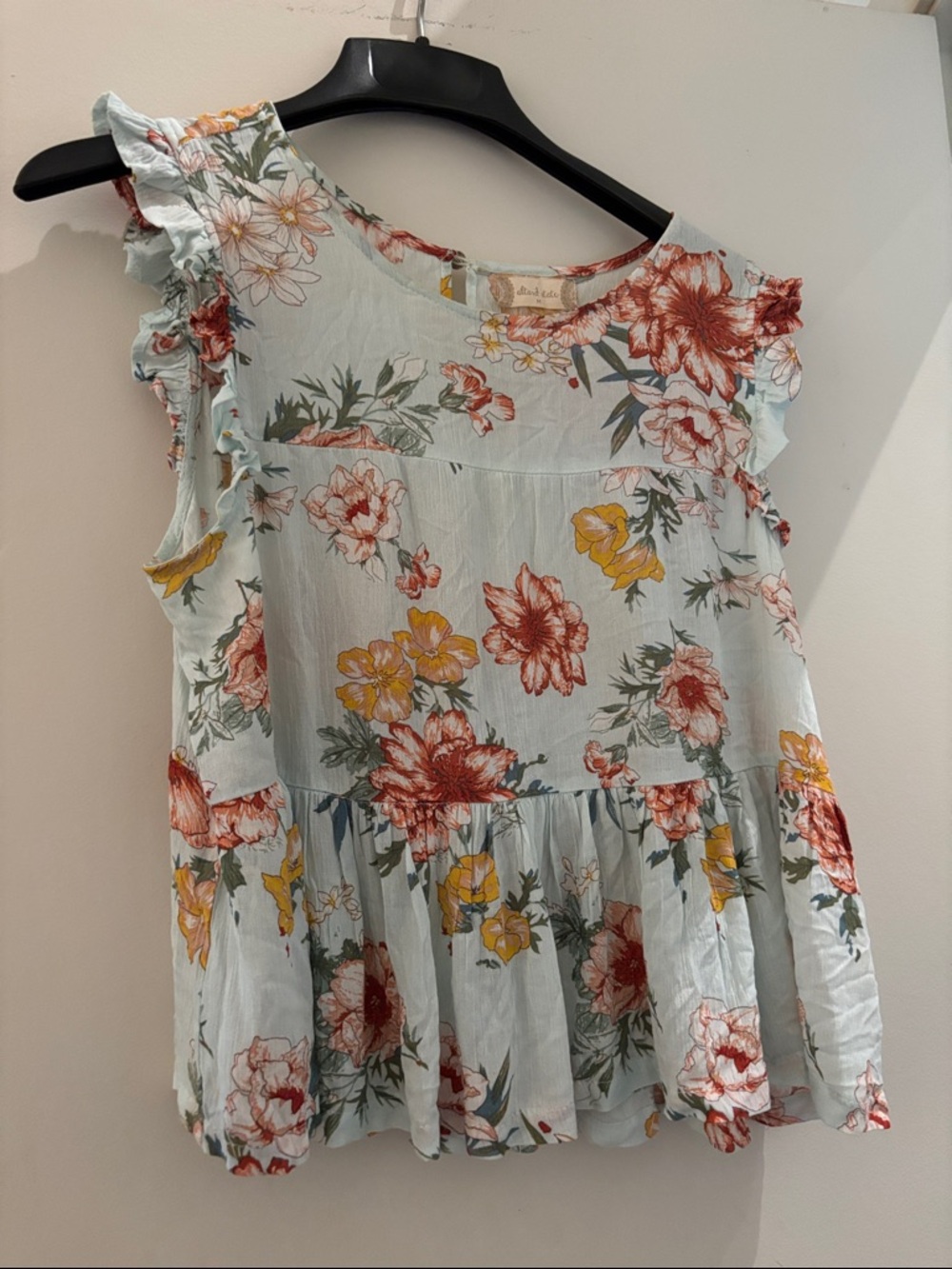 Altar'd State Light Blue Floral Ruffle Tank with Red and Yellow Blooms